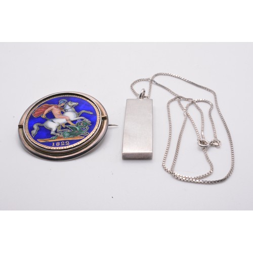 335 - Silver ingot hallmarked 1977 (Silver Jubilee year) on chain weight 35g, together with 1822 Enamelled... 