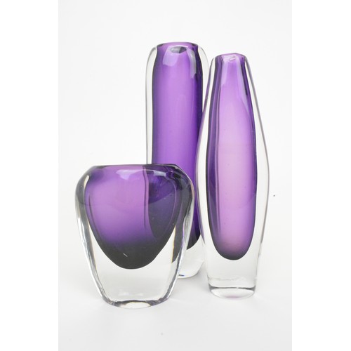 3 - Afors amethyst & clear Swedish Glass Vases in various sizes H: 23cm, 20cm and 115cm (approx) x3 item... 