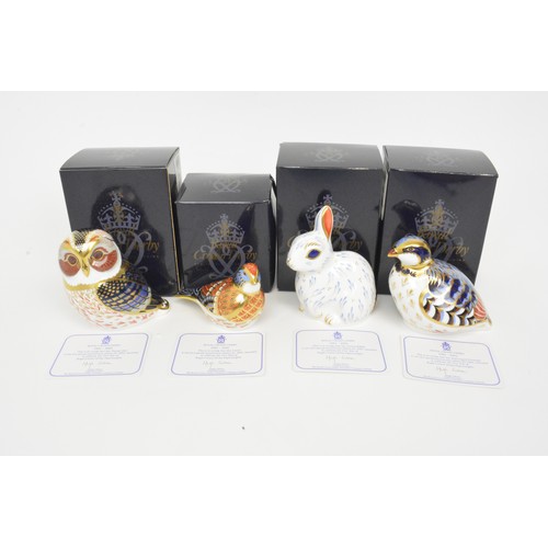 32 - Royal Crown Derby paperweights (x3) Tawny Owl, Linnet and Snowy Rabbit, all boxed.