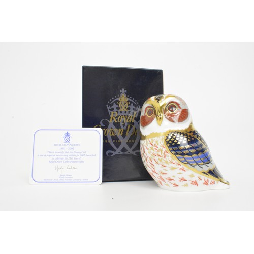 32 - Royal Crown Derby paperweights (x3) Tawny Owl, Linnet and Snowy Rabbit, all boxed.