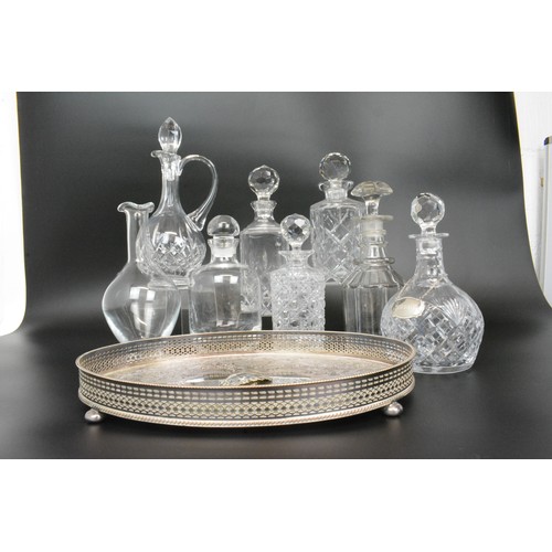 48 - Collection of crystal/glass decanters, all with stoppers and tray, also one decanter label hallmarke... 