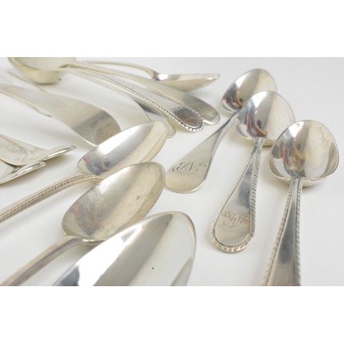 232 - Large group of antique Silver teaspoons, desert spoons and serving spoon of mixed  dates, all hallma... 