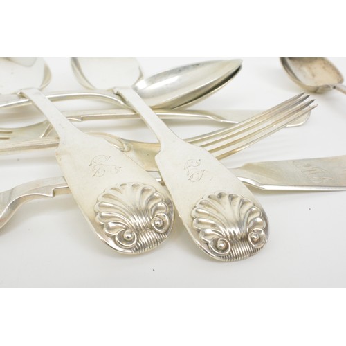 234 - Victorian silver spoons/forks, all hallmarked. x9. 470g.