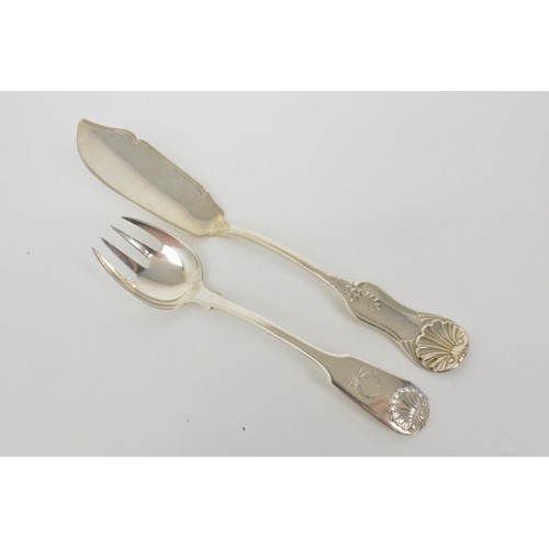 238 - Victorian silver flatware both with shell design to handle. Fish knife by Robert Gray & Sons, hallma... 