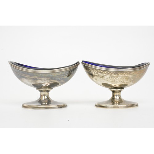 251 - Pair of antique Georgian silver salts with cobalt blue glass liners, hallmarked London 1798, maker J... 