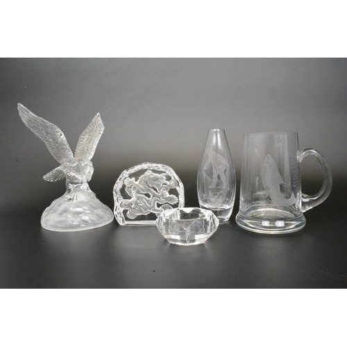 1 - Group of glassware to include signed tankard  depicting a fish, vase with fisherman netting fish, ea... 