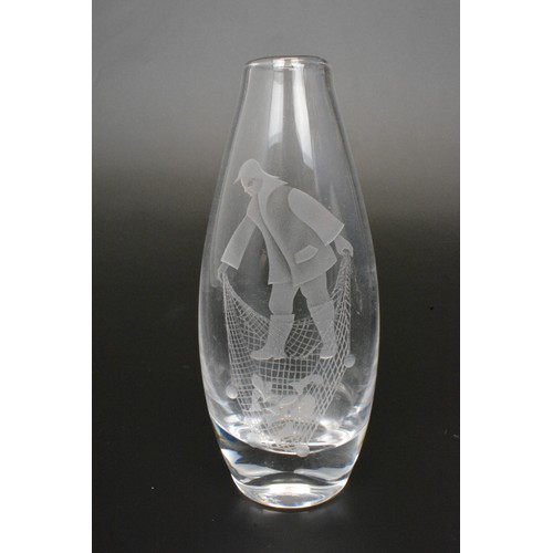 1 - Group of glassware to include signed tankard  depicting a fish, vase with fisherman netting fish, ea... 