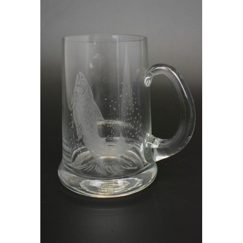 1 - Group of glassware to include signed tankard  depicting a fish, vase with fisherman netting fish, ea... 