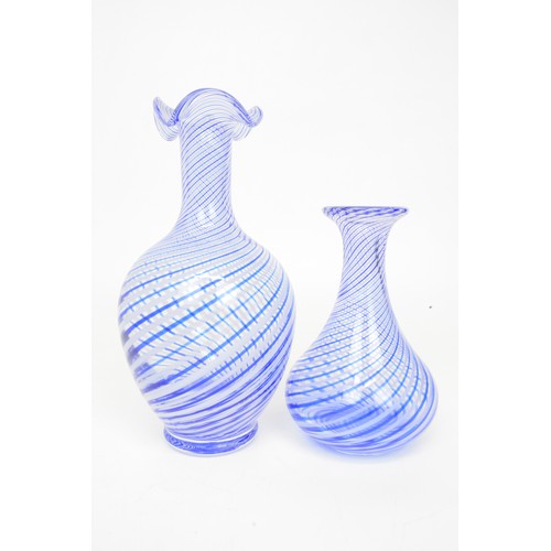 2 - Two hand blown glass vases with lilac/blue swirl spiral design, approx. H28cm and H20cm.