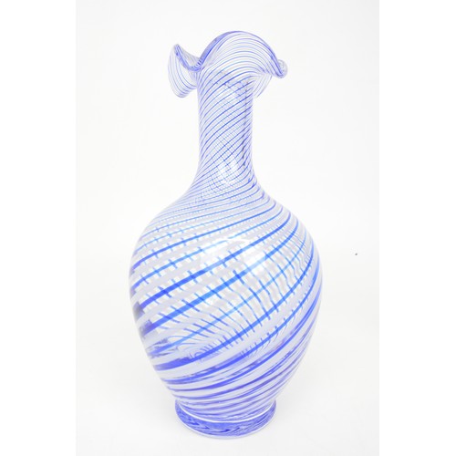 2 - Two hand blown glass vases with lilac/blue swirl spiral design, approx. H28cm and H20cm.