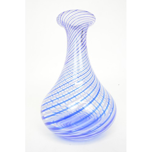 2 - Two hand blown glass vases with lilac/blue swirl spiral design, approx. H28cm and H20cm.