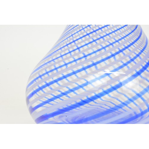 2 - Two hand blown glass vases with lilac/blue swirl spiral design, approx. H28cm and H20cm.