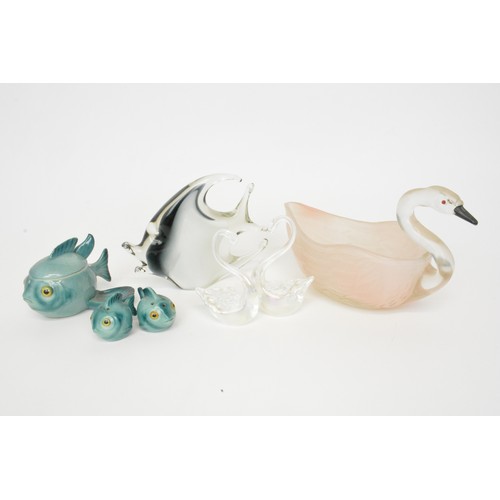 3 - Glass swans x 3, glass fish together with fish cruet set and mustard pot in ceramic, a/f