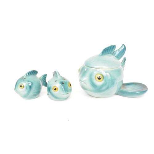 3 - Glass swans x 3, glass fish together with fish cruet set and mustard pot in ceramic, a/f