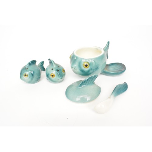 3 - Glass swans x 3, glass fish together with fish cruet set and mustard pot in ceramic, a/f