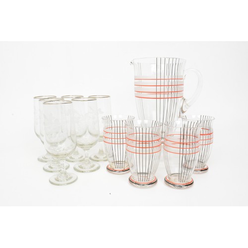 6 - Retro pitcher with glasses, together with a set of six stemmed glasses with decorative motif