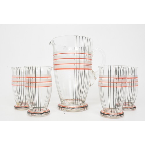 6 - Retro pitcher with glasses, together with a set of six stemmed glasses with decorative motif