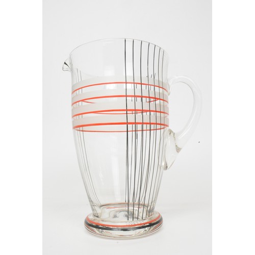 6 - Retro pitcher with glasses, together with a set of six stemmed glasses with decorative motif