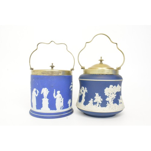 10 - Wedgwood Jasperware Biscuit barrel with lid together with Adams of Tunstall Jasperware biscuit barre... 