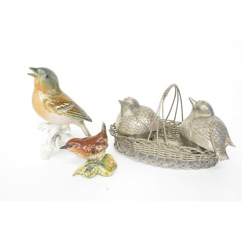 16 - Group of bird themed items to include Beswick Wren, Karl Ens German figure and cruet set with two bi... 