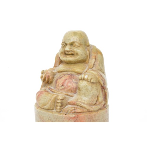 24 - Seated Buddha on plinth, hand carved of stone with Chinese stamper/seal to base