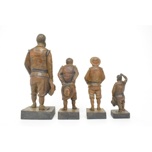 33 - Group of 4 Sancho Panza hand carved wood figures, marks stamped to base. Tallest figure is 28 cms, s... 