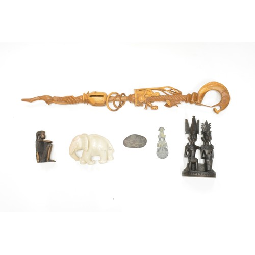 36 - Group of African/Asian items to include elephant statue, walking cane, Peruvian  carved tumi and Naz... 