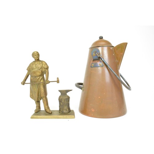 41 - Vintage heavy cast figure of blacksmith at his anvil together with a Copper tea kettle, 26cms tall