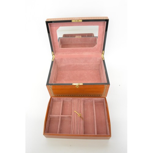 51 - Jewellery box with lacquered finish, plush interior, lift out tray and key, as new.