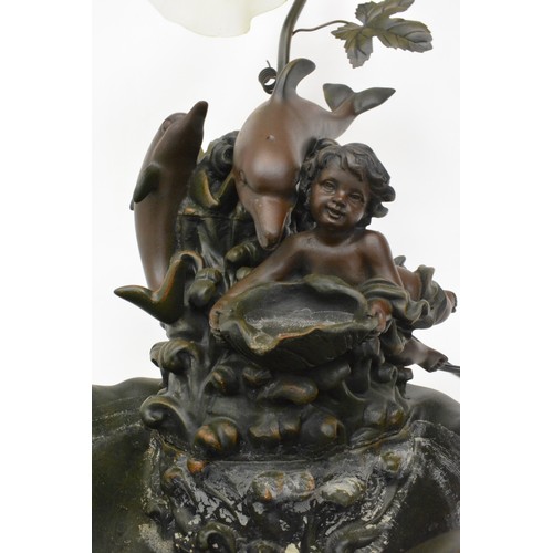 60 - 1990's Dolphin/cherub lamp/water feature with glass shade, for indoor use