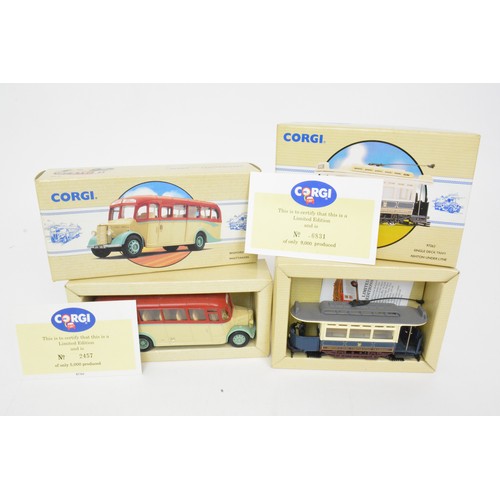 73 - Boxed Corgi and Corgi Classics coaches, buses and tram, x7 items.