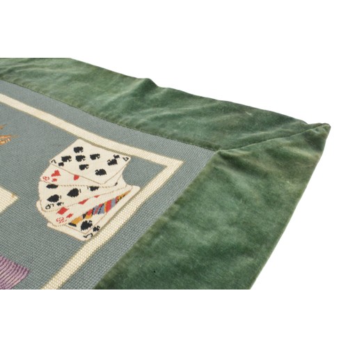 89 - Vintage needlework emborideered poker table cover, with playing card, greyhound and horse racing des... 