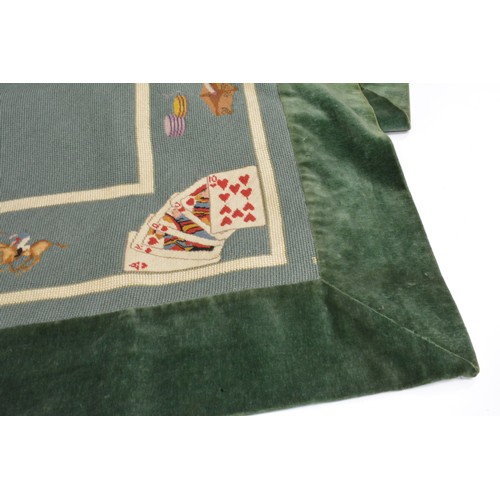 89 - Vintage needlework emborideered poker table cover, with playing card, greyhound and horse racing des... 