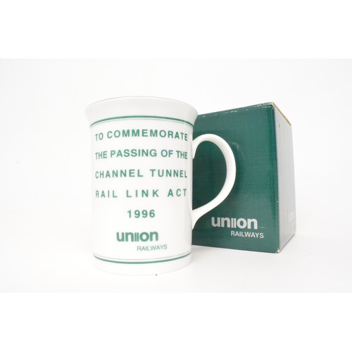 94 - Union Railways mugs x 2, 1 boxed to commerarate the passing of the Channel Tunnel Rail Link Act toge... 