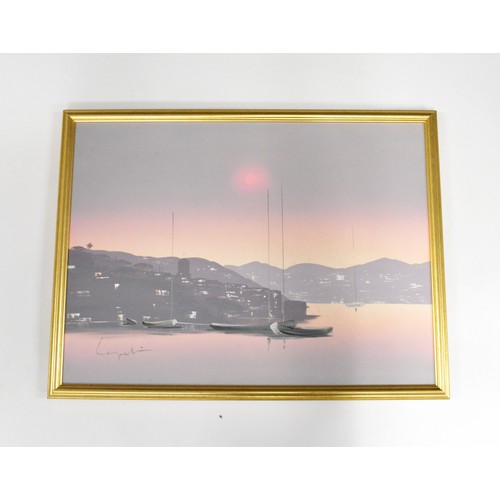 104 - Original acrylic on canvas c.1990, St Tropez sunset scene, signed lower left by artist, approx frame... 