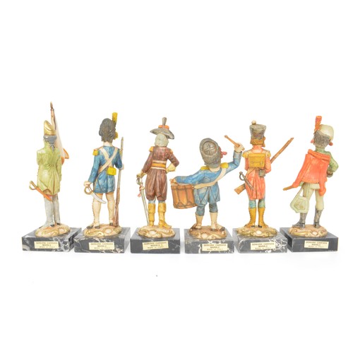 107 - Vintage Fontanini Depose Italy soldier figures on marble base, approx height 21cms, x6 items