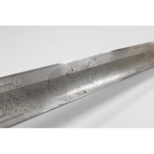 135 - Officer's Sword by J B Johnstone Sackville St London, blade etched with scrolls, bugle horn and 