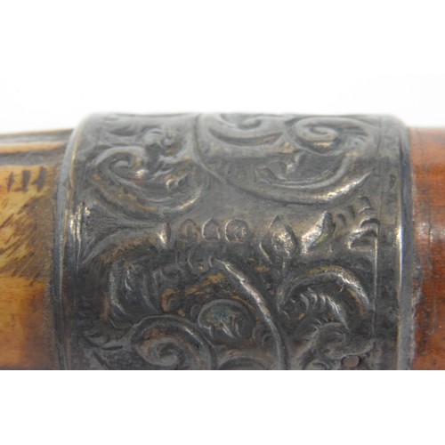 141 - Antique walking cane with carved bearded face, collar hallmarked London together with ladies Parasol... 