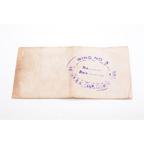 126 - WW2 4As Four Annas Clement Town Camp Prisoner of War note, Camp 24 'Wing No.3' to reverse