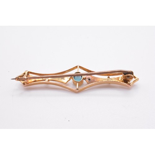 163 - Antique 9ct gold bar brooch with turquoise set in to central bar, stamped 9ct. gross weight  approx ... 