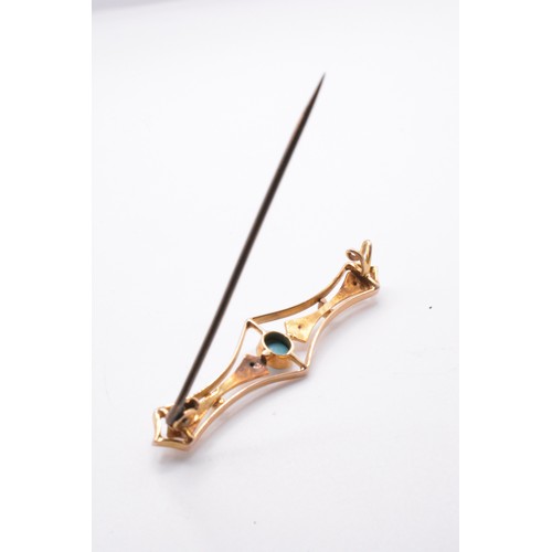 163 - Antique 9ct gold bar brooch with turquoise set in to central bar, stamped 9ct. gross weight  approx ... 