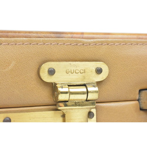 169 - Vintage portable Gucci backgammon case/game. Tan leather with Burl wood on front and back of case an... 