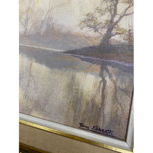 105 - Original oil on canvas, waters edge landscape scene, signed lower right by artist Tony Sheath (b.194... 