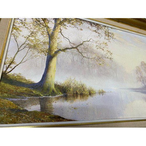 105 - Original oil on canvas, waters edge landscape scene, signed lower right by artist Tony Sheath (b.194... 