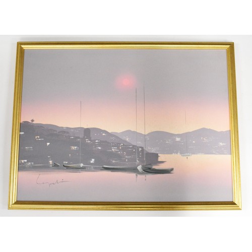 104 - Original acrylic on canvas c.1990, St Tropez sunset scene, signed lower left by artist, approx frame... 