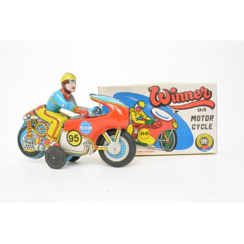 72 - Vintage metal motorcycle wind-up toy in original box,  Winner 95 motor cycle, friction powered with ... 