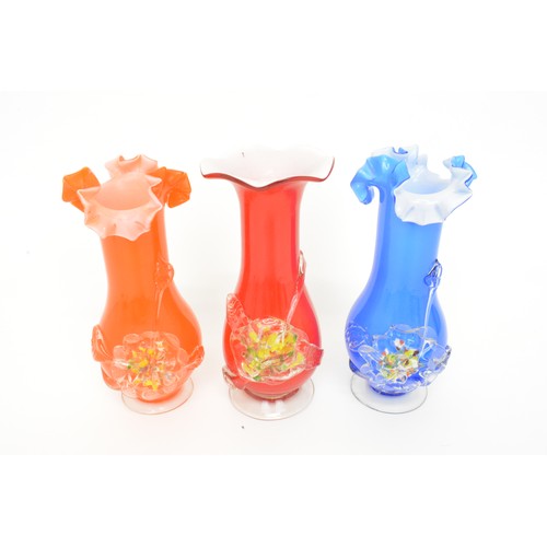 69 - x3 colourful  glass vases to include blue and orange handkerchief designs, approx H20cm.