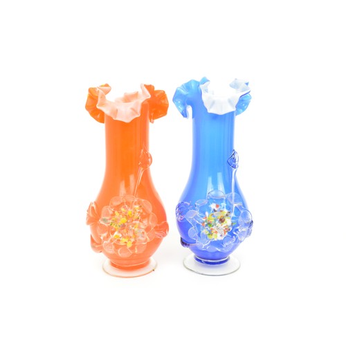 69 - x3 colourful  glass vases to include blue and orange handkerchief designs, approx H20cm.