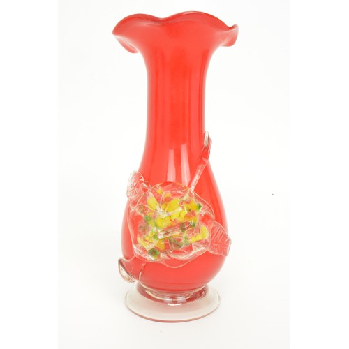 69 - x3 colourful  glass vases to include blue and orange handkerchief designs, approx H20cm.