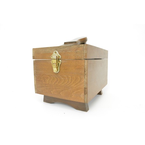 121 - Vintage wooden shoe shine box with footrest attachment and contents 'Jones The Bootmaker'